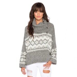 Free People Fair Isle Ragnar Funnel Cowl Neck Sweater Cozy Knit In Gray Size XS